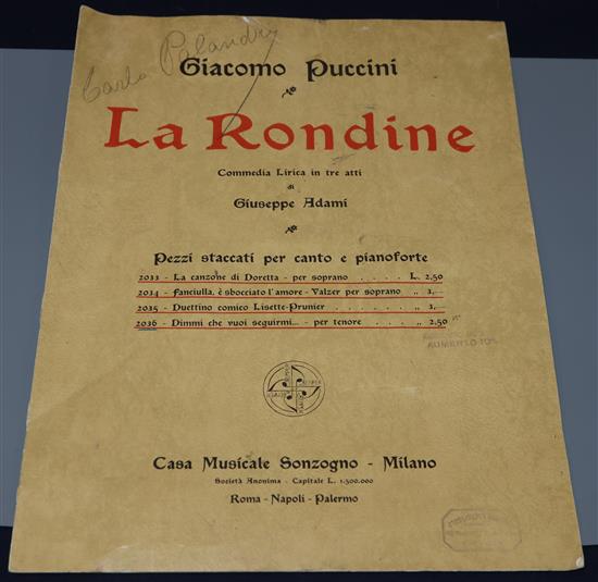 Giacomo Puccini - La Rondine. A reduced piano score with a dedication to Carlo Pilandry, signed by Puccini